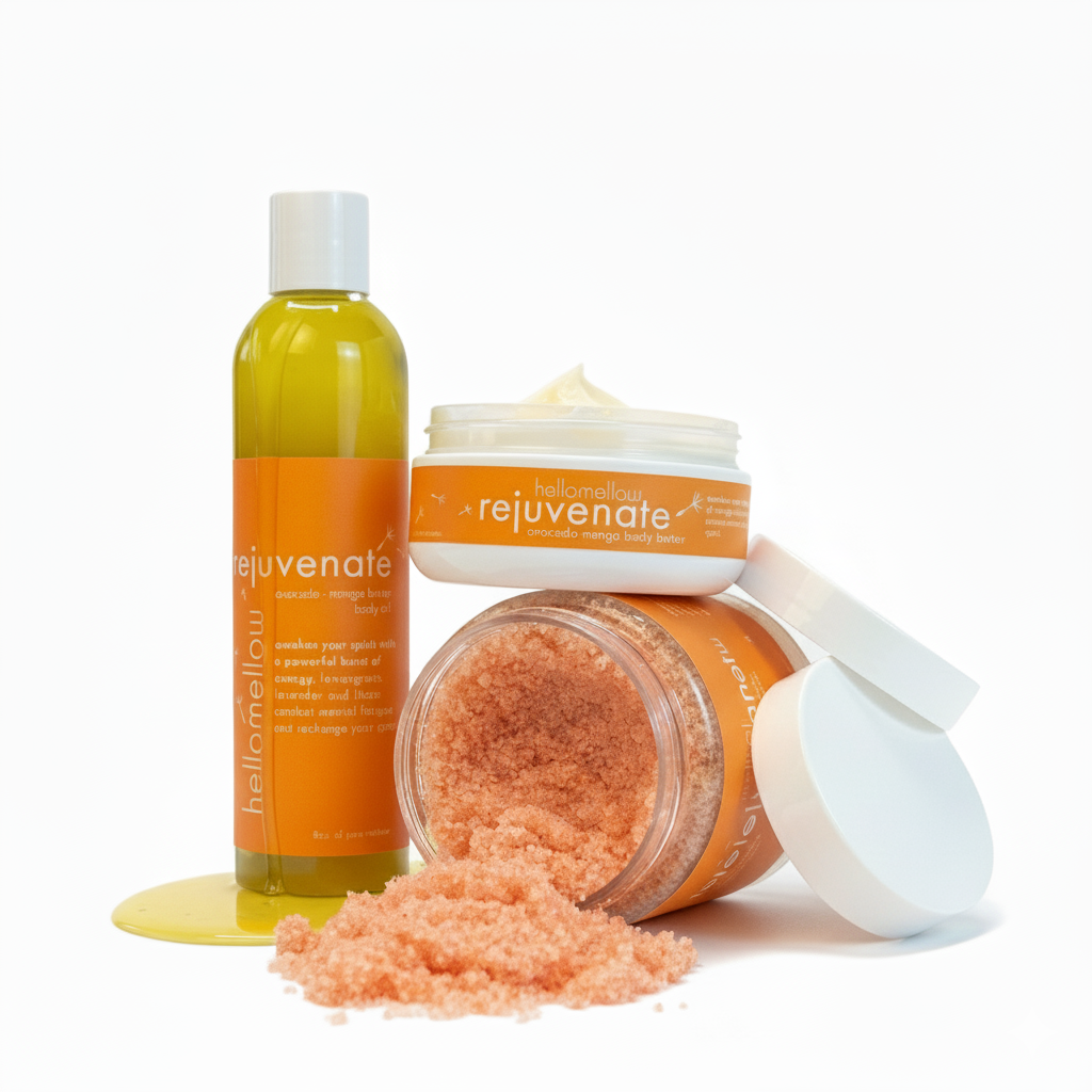 hellomellow essential set — body butter, scrub, and oil