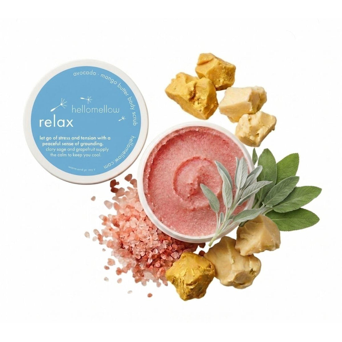 relax mini scrub open with essential oil notes around 