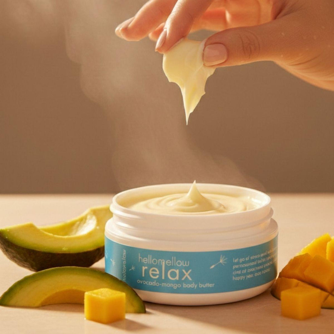 relax body butter pen with and grabbing softened body butter 