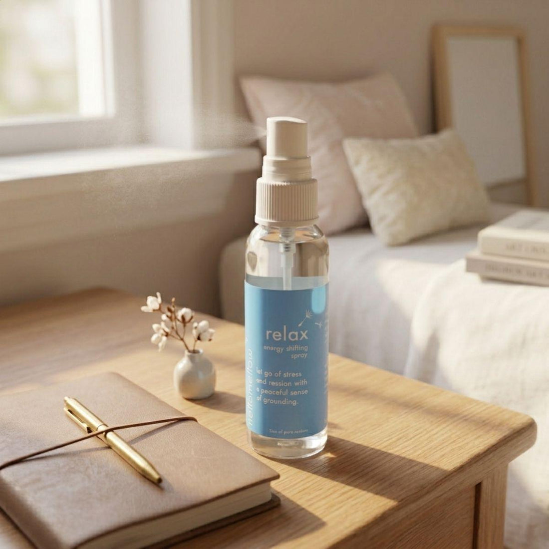 relax energy shifting spray on a bedside table in a simple everyday setting