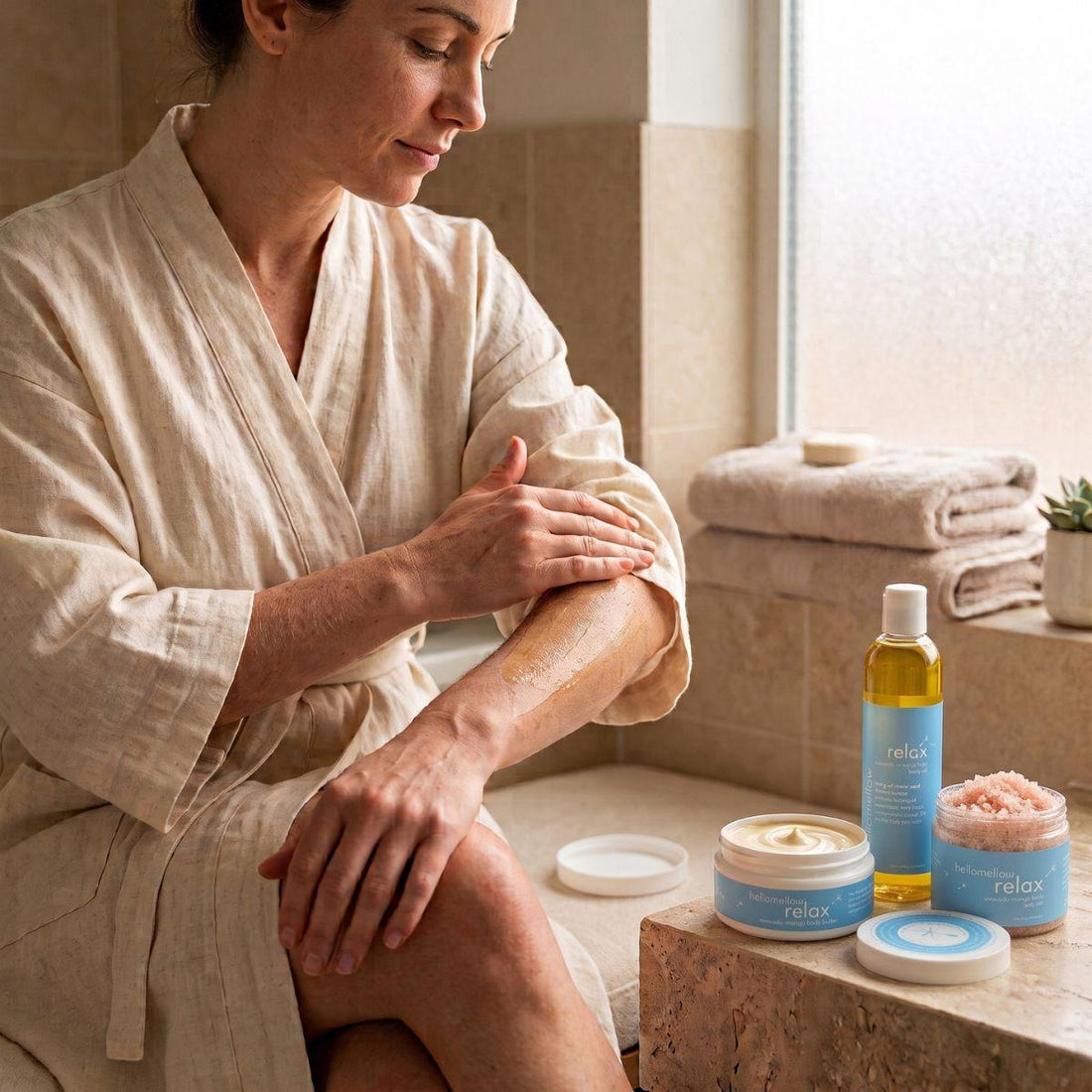 woman applying the body butter from a relax essential routine 