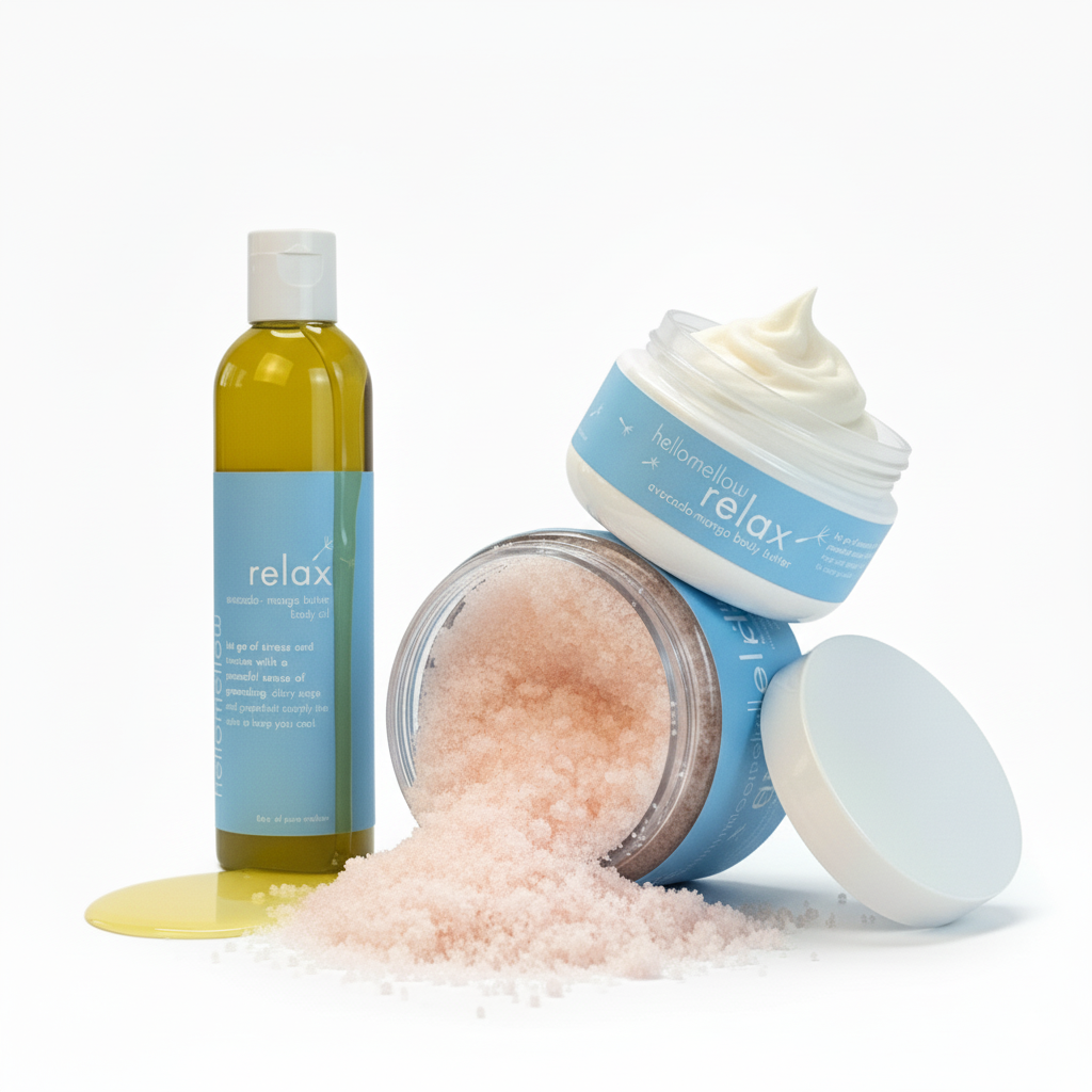 hellomellow essential set — body butter, scrub, and oil