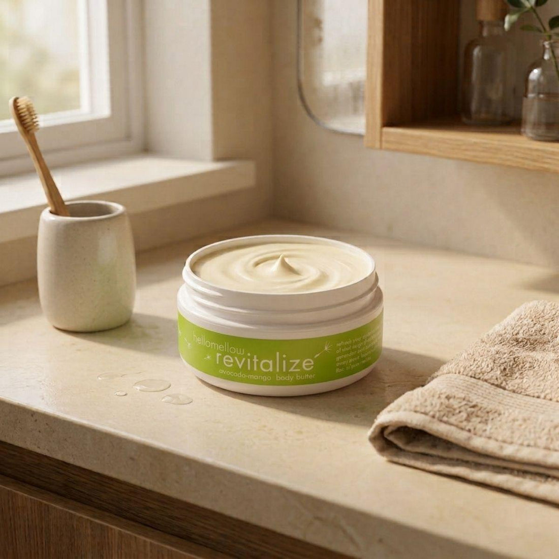 open revitalize body butter showing its real natural texture inside the jar