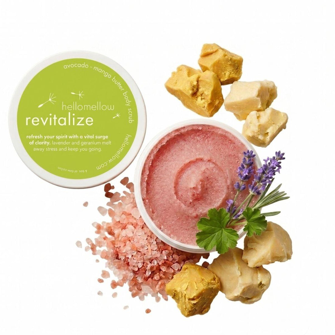 revitalize mini scrub open with essential oil notes around 