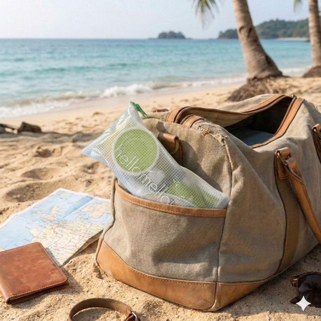 revitalize vacay vibe inside of branded hellomellow bag in a beach bag on the beach