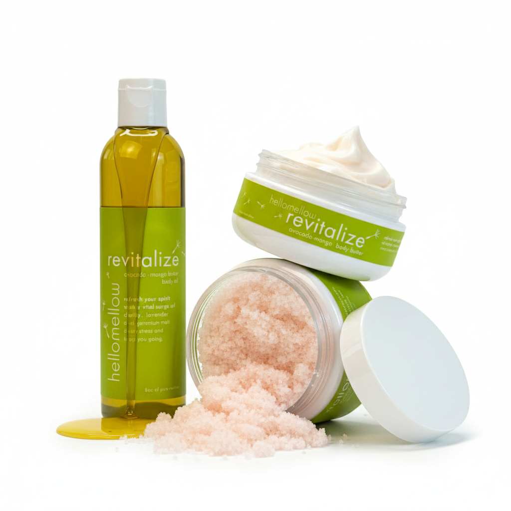 hellomellow essential set — body butter, scrub, and oil