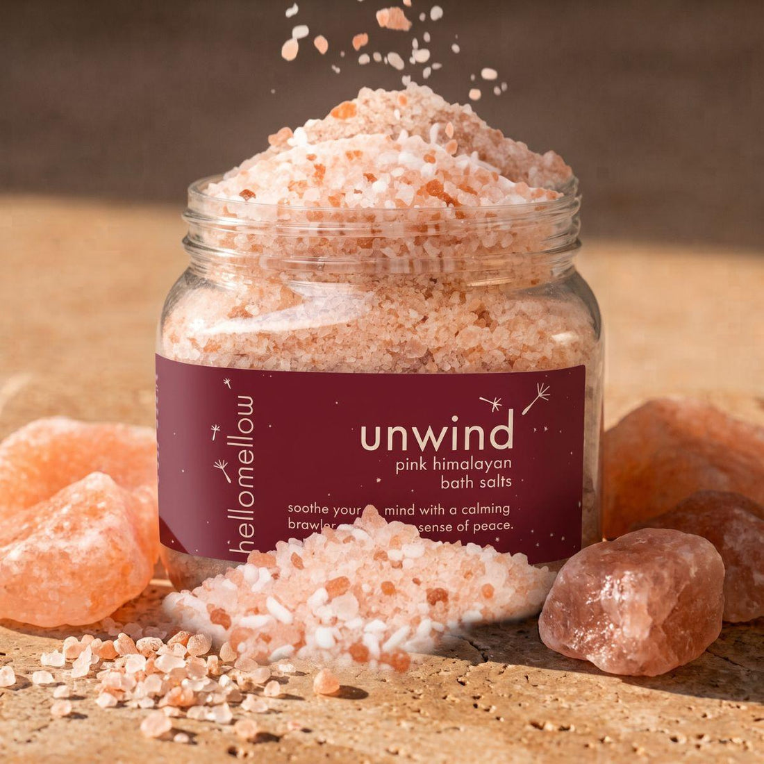 open unwind bath salts showing the mineral crystal texture inside