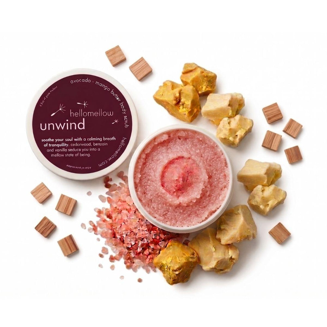 unwind mini scrub open with essential oil notes around 
