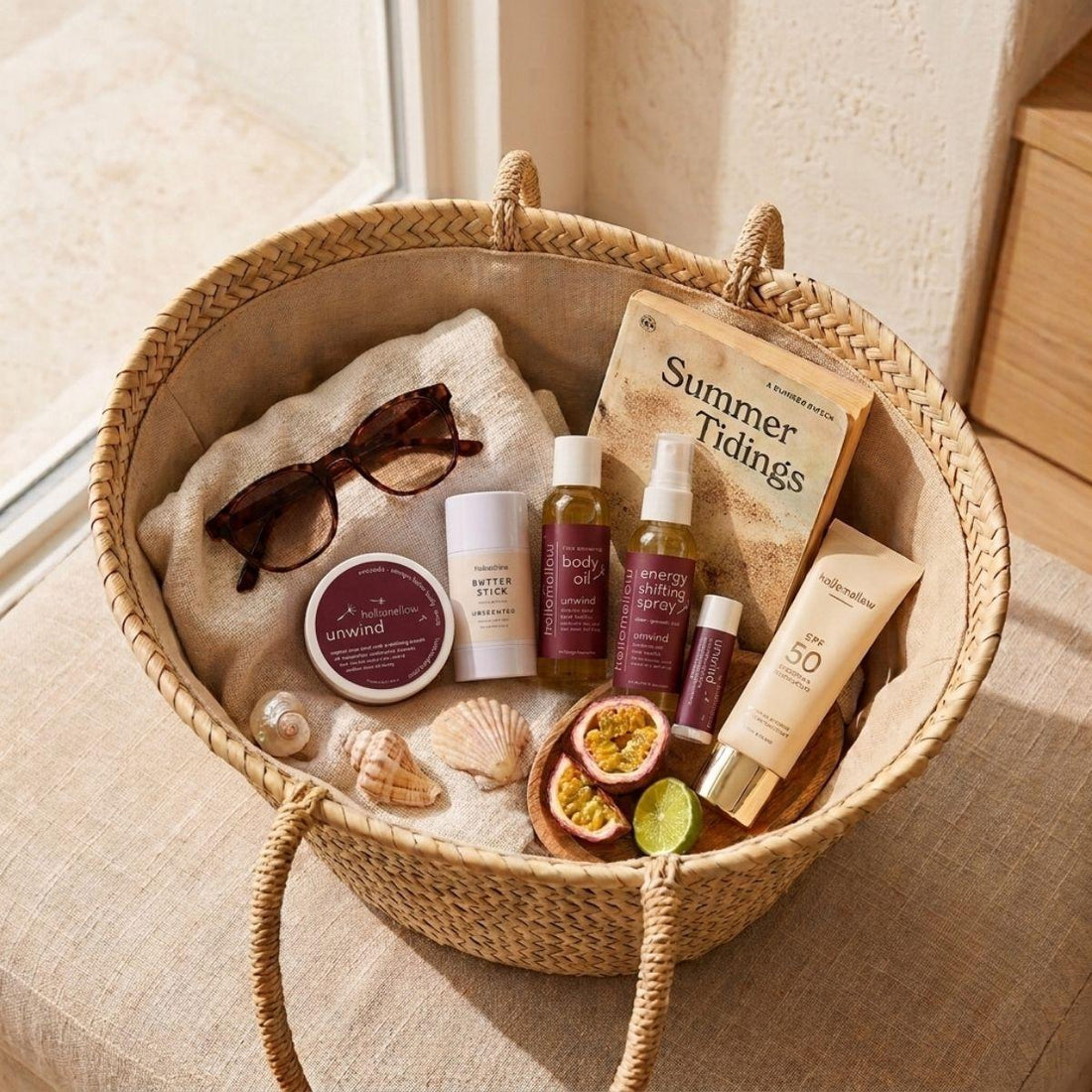 unwind deluxe vacay vibe in a cozy travel basket mini body scrub, one unscented body butter stick, mini body oil, mini energy shifting spray, lip butter pictured with a book sunglasses and sunscreen
