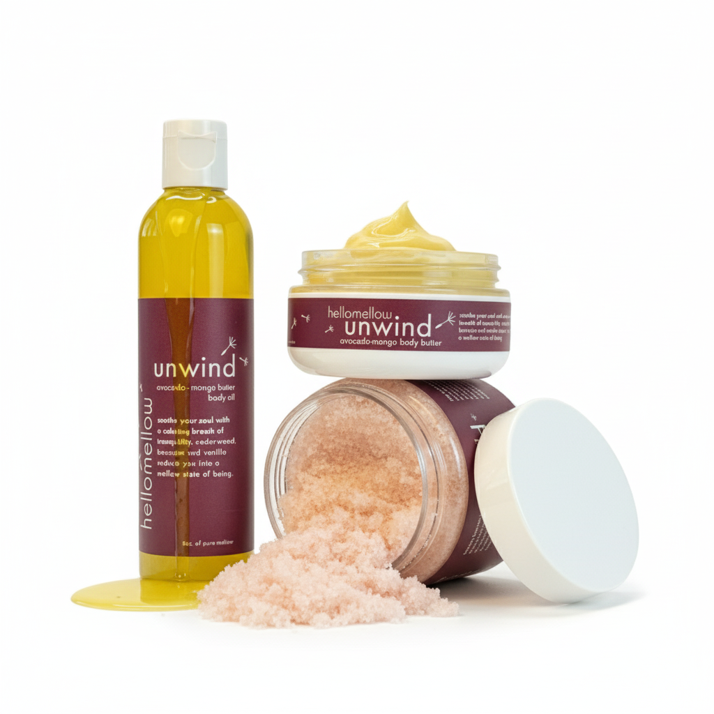 hellomellow essential set — body butter, scrub, and oil