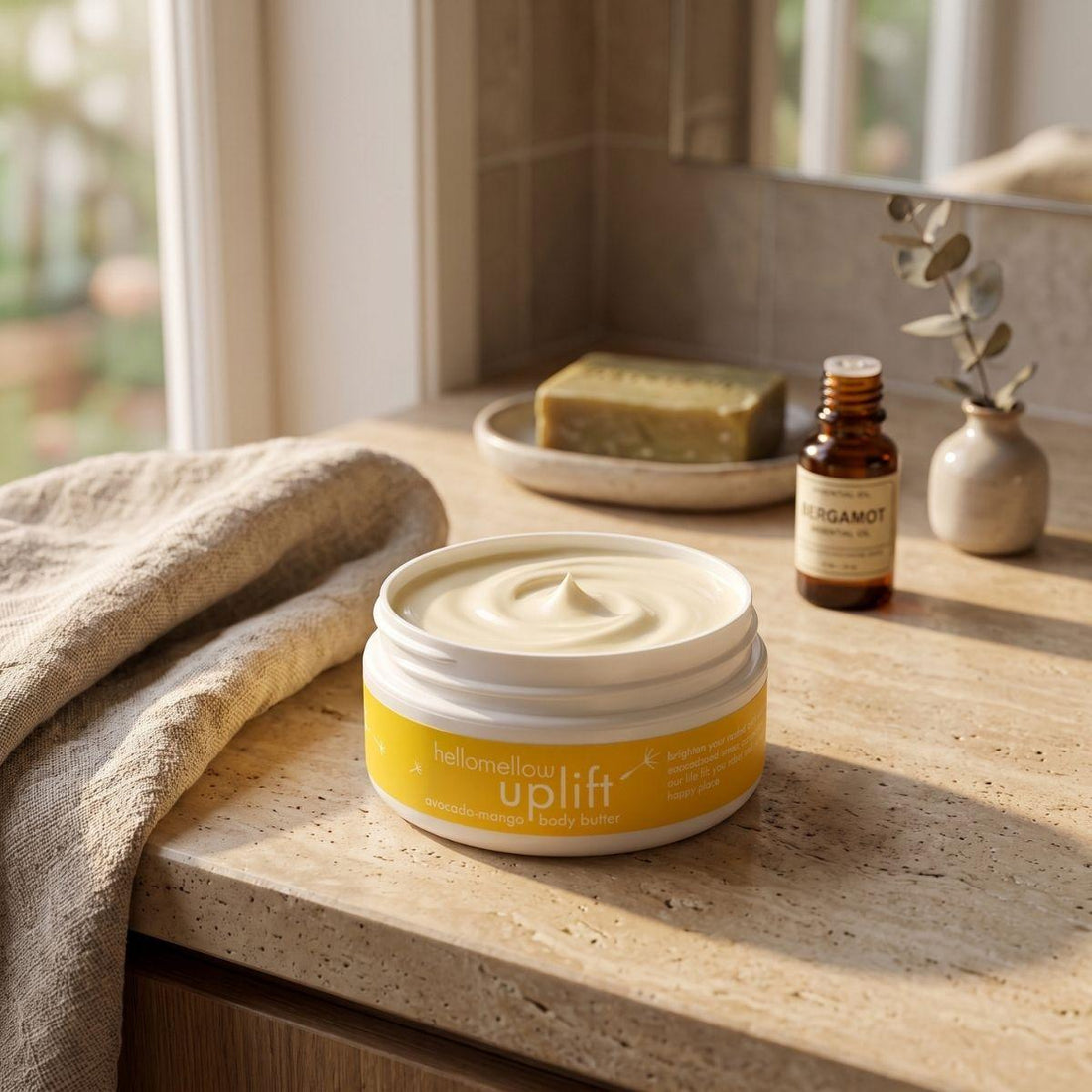 uplift body butter on a warm bathroom counter beside a folded towel