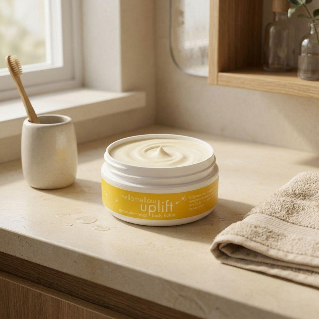 open uplift body butter showing its real natural texture inside the jar