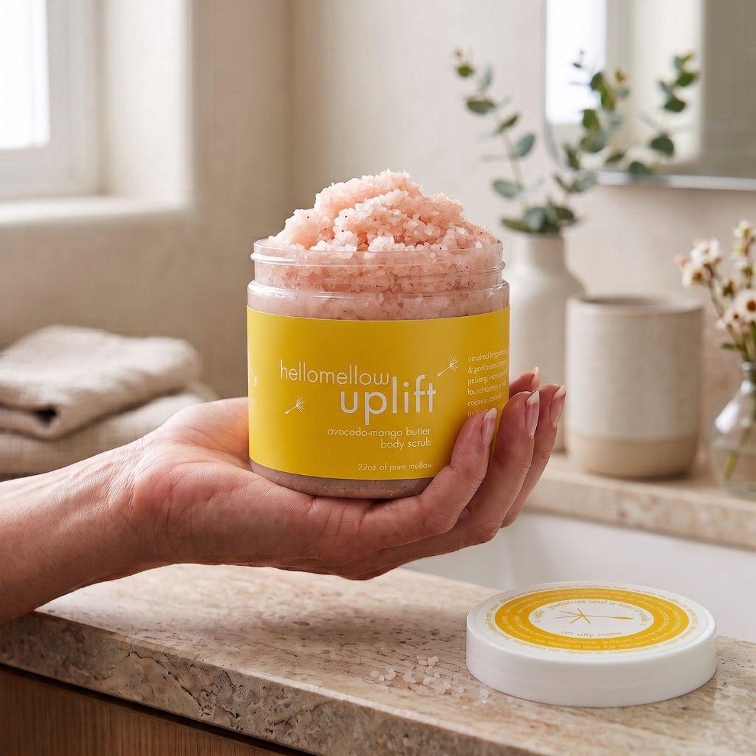 adult hand holding the uplift body scrub jar with the label facing forward