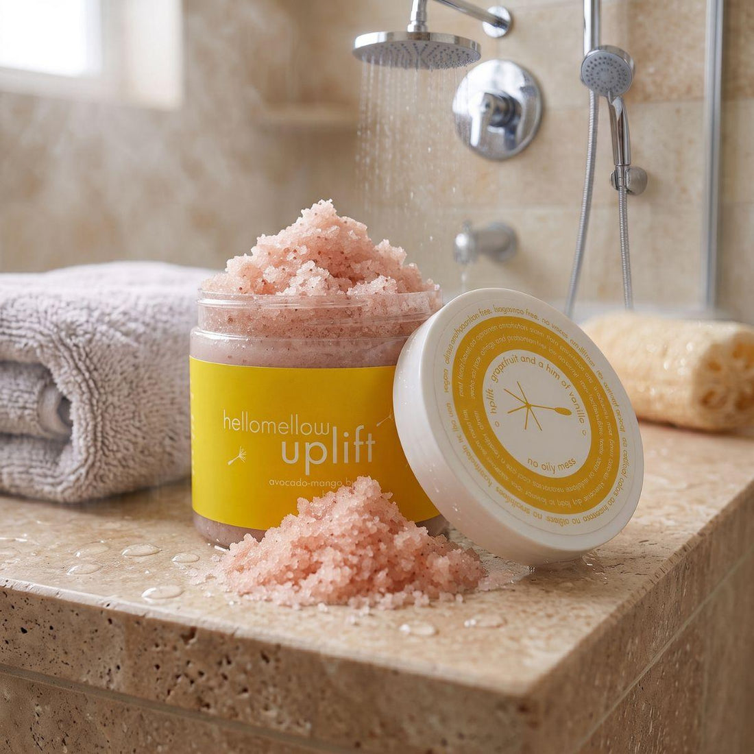 uplift body scrub on a shower ledge beside a folded towel