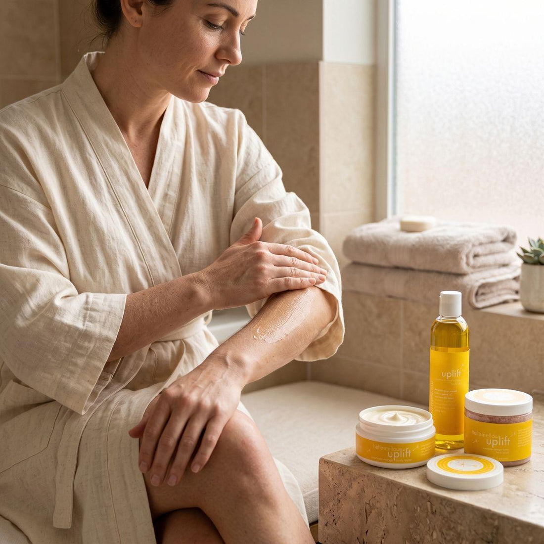 woman applying the body butter from a uplift essential routine 