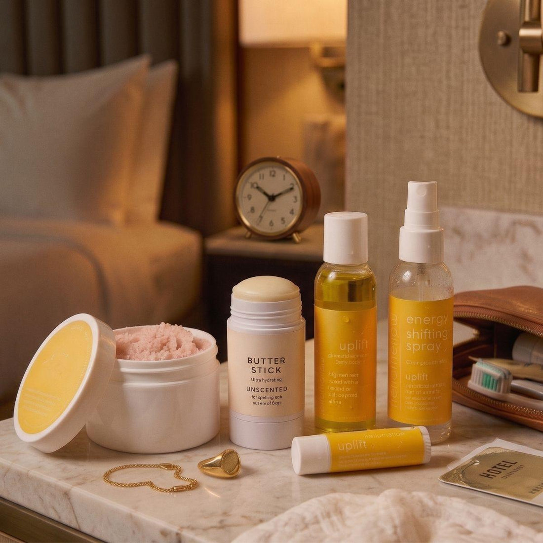uplift deluxe vacay vibe on night stand in vibrant hotel 
