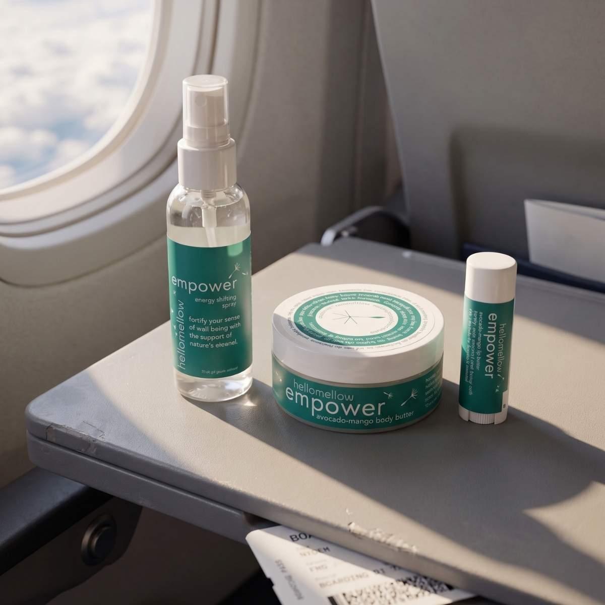 travel-size body butter, lip butter, and energy shifting spray packed for a plane trip.