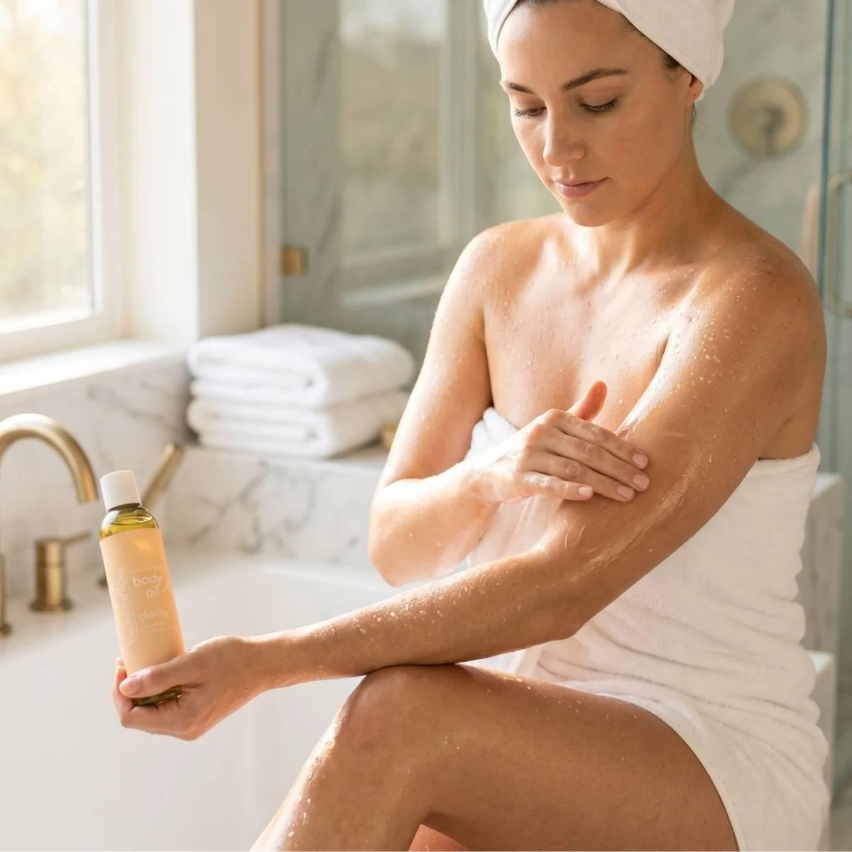 woman in her 40's applying hellomellow clarity unscented body oil